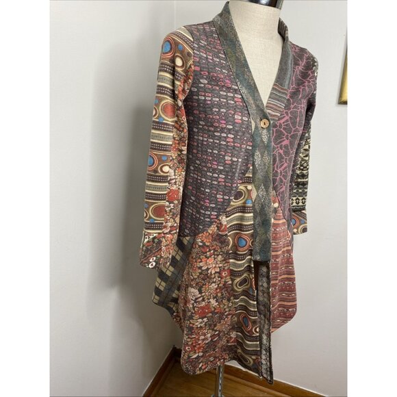 Sacred Threads Cardigan Womens M Open Front Boho Artsy Mixed Prints Asymmetrical - Picture 6 of 8